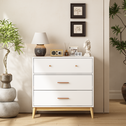 Nordic Style 3-Drawer Storage Cabinet, Modern White Chest of Drawers with Rose Gold Handles & Solid Wood Base, Small Space Organizer for Office, Kids Room, Nursery - Natural - MDF - Not Specified - Bedroom - Not Specified