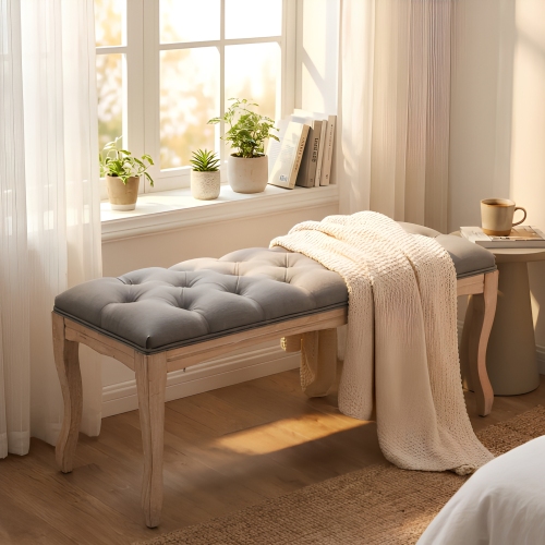 Bedroom Bench, French Vintage Tufted Entryway Bench, 43.3" Carving Upholstered End of Bed Bench with Distressed Wood Legs, Linen Ottoman Seat for Living Room, Foyer, Dining Room - Grey - Fabric,Rubber Wood - Foam - Farmhouse - Rubberwood - Linen or Linen Blend - Square