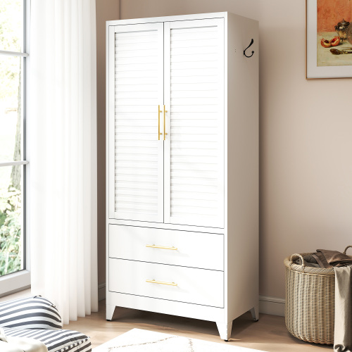 White Metal Wardrobe Closet with 2 Doors and Drawers, 71″ Tall Storage Cabinet for Bedroom, Lightweight Portable Closet for Small Apartments, Dorm, Renters, Cold Rolled Steel, Easy Assembly - Classic