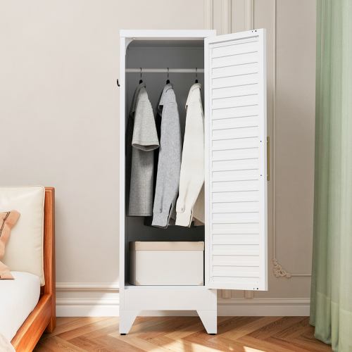 47.2" Narrow Metal Storage Closet with Single Louvered Door, Freestanding Slim Wardrobe Cabinet with Anti-Tip Kit & Hanging Rail, Lightweight Closet for Small Apartments, Dorm, Renters - White - Classic - Bedroom