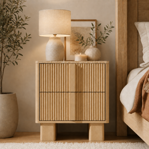 Nightstand with Charging Station, 22" Tall Modern Bedside Table with 2 Storage Drawers, Fluted Wood End Table with Faux Marble Top and Reinforced Legs for Bedroom or Living Room, Light Oak - Engineered Wood