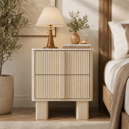Nightstand with Charging Station, 22" Tall Modern Bedside Table with 2 Storage Drawers, Fluted Wood End Table with Faux Marble Top and Reinforced Legs for Bedroom or Living Room, Whitewashed Oak - White Oak - Engineered Wood