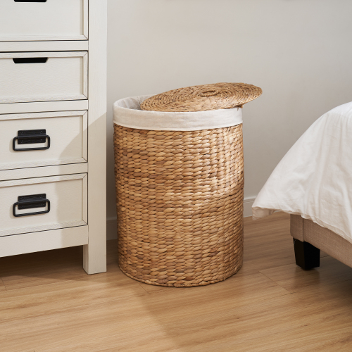 Ludmilla Round Tall Water Hyacinth Woven Wicker Laundry Hamper with Lid - For Clothes, Canvas, Toys and Book Storage with Removable Liner - 15" x 15" x 20" - Natural Brown - Natural & Light Brown - Not Specified - Not Specified