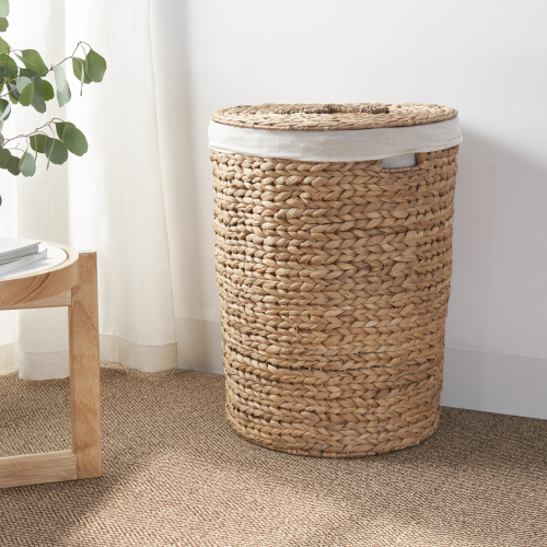 Ludmilla Round Tall Water Hyacinth Woven Wicker Laundry Hamper with Lid - For Clothes, Canvas, Toys and Book Storage with Removable Liner - 18" x 18" x 23" - Natural Brown - Natural & Light Brown - Not Specified - Not Specified