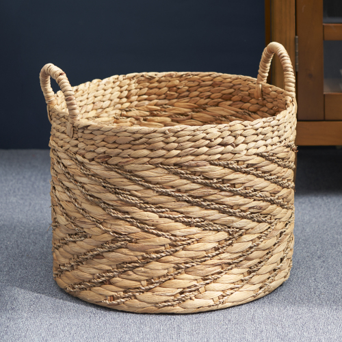 Round Water Hyacinth Seagrass Woven Basket with Handles - 15" x 15" x 11.8" - Natural Brown - For Clothes, Towels, Canvas, Toys and Magazine Storage and Home Decoration - Natural & Light Brown - Wicker - Not Specified - Not Specified