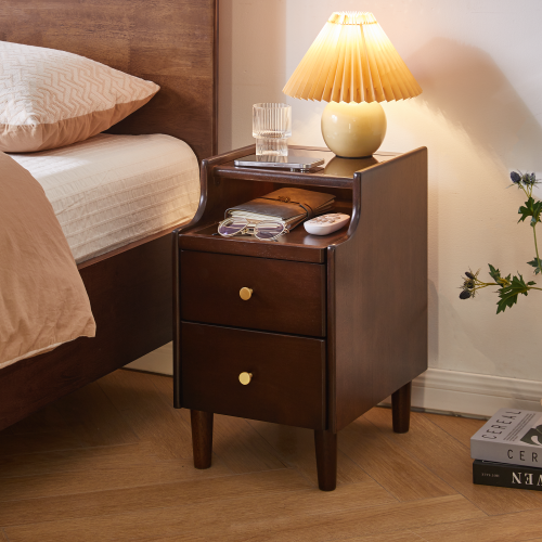Solid Wood Nightstand with Two Drawers and Pull-out Panel Storage Bedside Table and Sofa Side Table - Walnut - Rubber Wood - Rubberwood - Art Deco - 2 Drawers - Glass Top - Drawer Storage - Walnut - Bedroom - Rubberwood - Brown