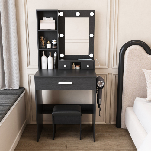 Vanity Table with Mirror & Adjustable LED Lights, Power Outlet, Hairdryer Holder & Stool – Compact Dressing Desk for Small Bedrooms(Black) - MDF - MDF+glass - American Design,Classic,Modern