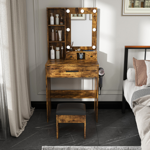 Vanity Table with Mirror & Adjustable LED Lights, Power Outlet, Hairdryer Holder & Stool – Compact Dressing Desk for Small Bedrooms(Vintage) - MDF - MDF+glass - American Design,Classic,Modern