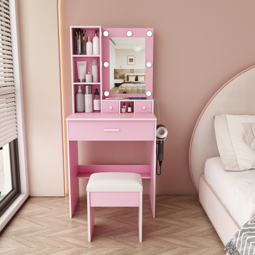 Vanity Table with Mirror & Adjustable LED Lights, Power Outlet, Hairdryer Holder & Stool – Compact Dressing Desk for Small Bedrooms (Pink) - MDF - Not Specified - American Design,Luxury,Modern - Not Specified