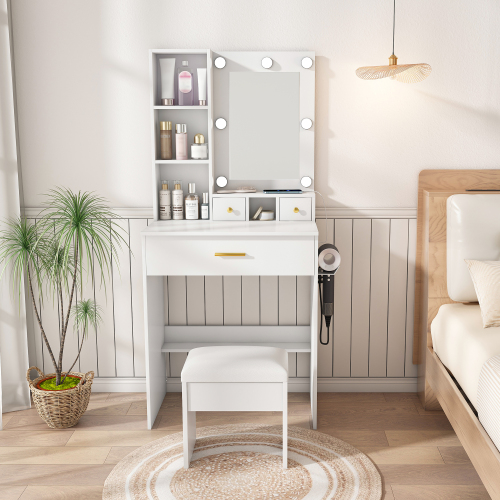 Vanity Table with Mirror & Adjustable LED Lights, Power Outlet, Hairdryer Holder & Stool – Compact Dressing Desk for Small Bedrooms(White) - MDF - MDF+glass - American Design,Classic,Modern
