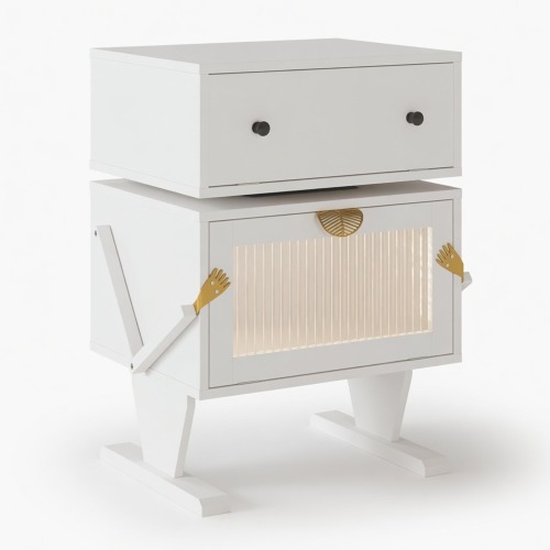 20.7" Wide White Robot LED Nightstand with 360° Rotating Drawer - Modern End Table - Metal & Wood - Engineered Wood - Metal & Wood
