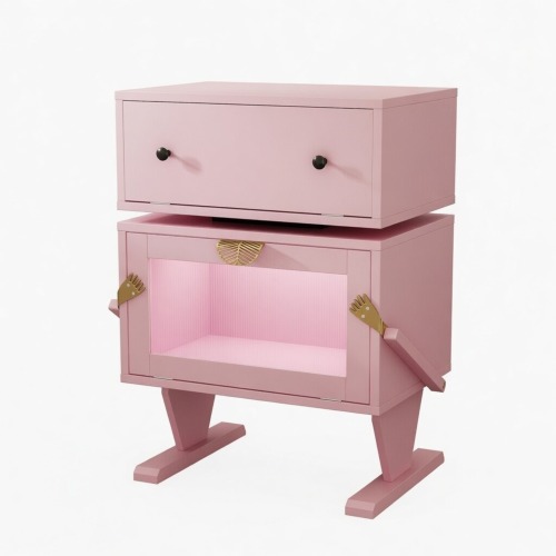 20.7" Wide Pink Robot LED Nightstand with 360° Rotating Drawer - Modern End Table - Metal & Wood - Engineered Wood - Metal & Wood