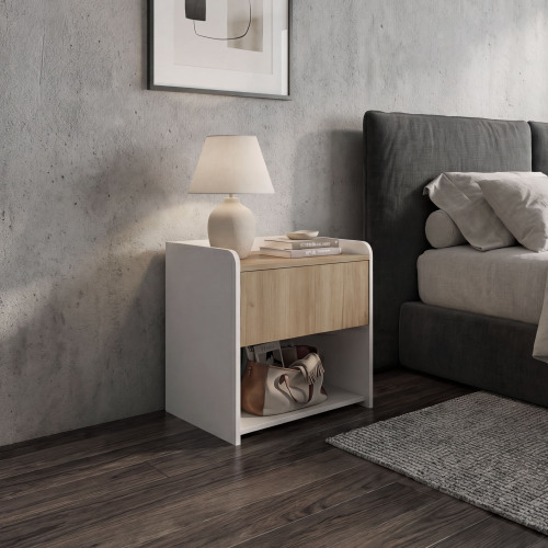 Portland Nightstand with Drawer and Open Shelf, Modern Bedroom Storage Table, Natural Oak and White - Particle Board - Melamine - 1 Drawer - Open Storage