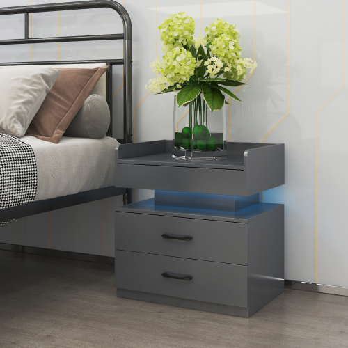 1 Set Nightstand with Adjustable LED Strip Light, 2-drawers, Large Storage Space, Suitable for Bedside Table, Coffee Table, Sofa Side Table or End Table for Study Desk - Grey - MDF