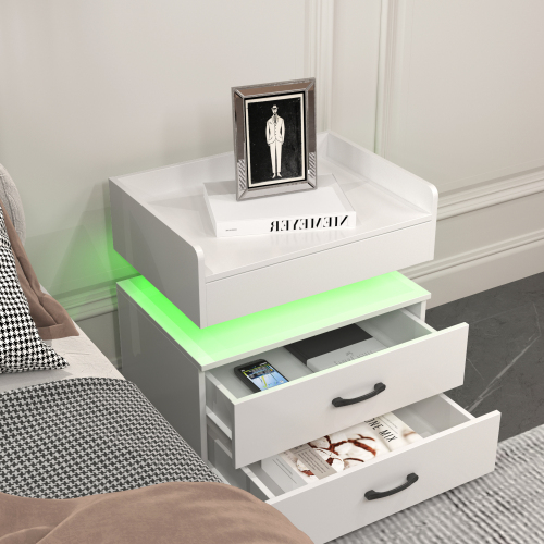 1 Set Nightstand with Adjustable LED Strip Light, 2-drawers, Large Storage Space, Suitable for Bedside Table, Coffee Table, Sofa Side Table or End Table for Study Desk - White - MDF - White - MDF
