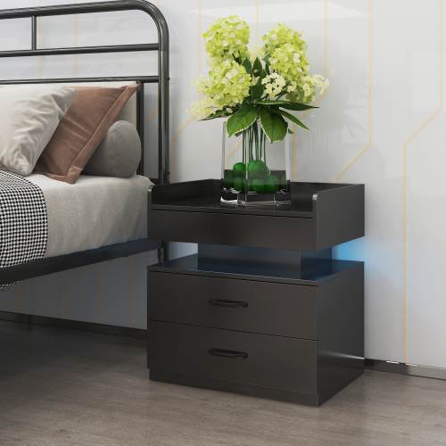 1 Set Nightstand with Adjustable LED Strip Light, 2-drawers, Large Storage Space, Suitable for Bedside Table, Coffee Table, Sofa Side Table or End Table for Study Desk - Black - MDF