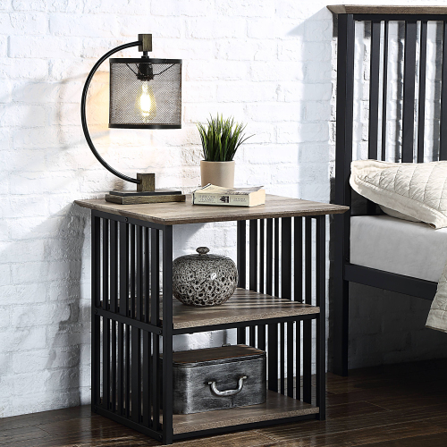 Antique Oak and Black 3-Shelf Nightstand - Wood+Metal - Industrial,Modern - Rectangle - Bedroom