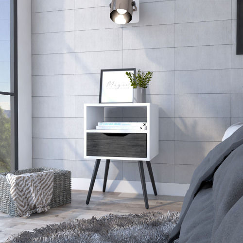 Otom Nightstand , Superior Top, One Open Shelf, One Drawer, Four Legs -Smokey Oak / White - Multicolor - Particle Board - Particle Board