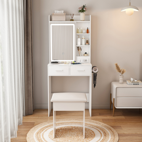 Small Makeup Vanity Desk with Mirror & Adjustable LED Lights,Built-in Power Outlet & Hidden Storage, Includes padded stool & Shelf,Space-Saving Dressing Table for Small Bedrooms,White - MDF - MDF+glass - American Design,Classic,Modern - 2 Drawers