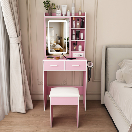 Small Makeup Vanity Desk with Mirror & Adjustable LED Lights,Built-in Power Outlet & Hidden Storage, Includes padded stool & Shelf,Space-Saving Dressing Table for Small Bedrooms,Pink - MDF - MDF+glass - American Design,Modern - Not Specified - Primary Living Space