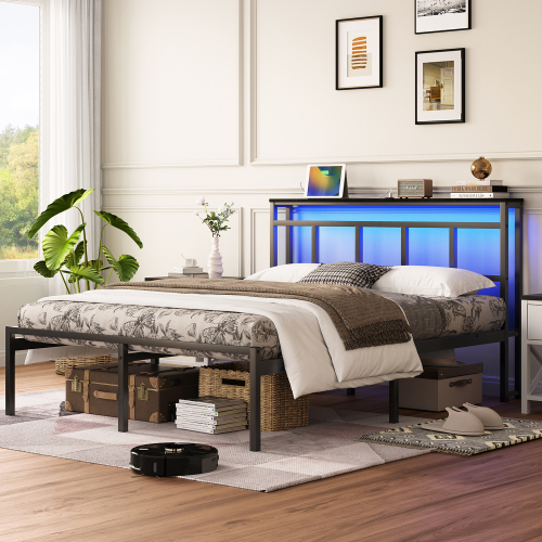 14 Inch Queen Bed Frame with Storage Headboard, Metal Platform Bed Frame with USB-C,Type-C and LED Light, Black - Wood+Metal - 14-Inch