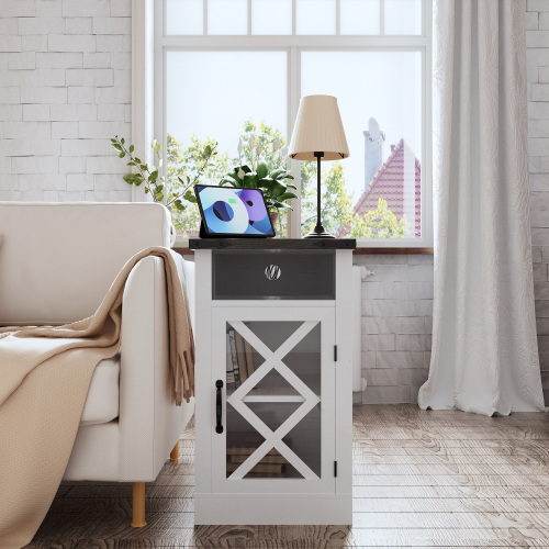 Farmhouse End Table with Charging Station, 15.4'' Rustic Nightstand with Barn Door & Adjustable Shelf, Wooden Sofa Side Table with 3-Tier Storage for Living Room, Bedroom, White - Particle Board+MDF