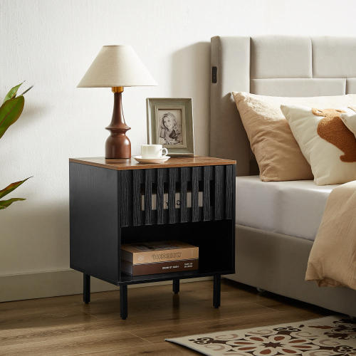 2 Set Nightstands with Grille Striped Doors, Mid Century Modern Nightstand, Bedside Table with Slatted Drawer Decor, End Tables Bedroom with Metal Legs, Night Stand for Bedroom - Black+Brown - MDF - Not Specified - Not Specified