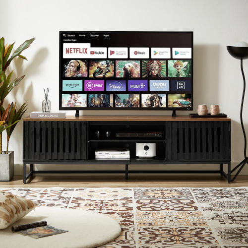 63 Inch Mid Century Modern TV Stand with Slatted Grille Striped Doors, TV Stand with Storage, Entertainment Center for Living Room Bedroom, TV Media Console - Black+Brown - MDF - 60-69 inches - 63-Inch