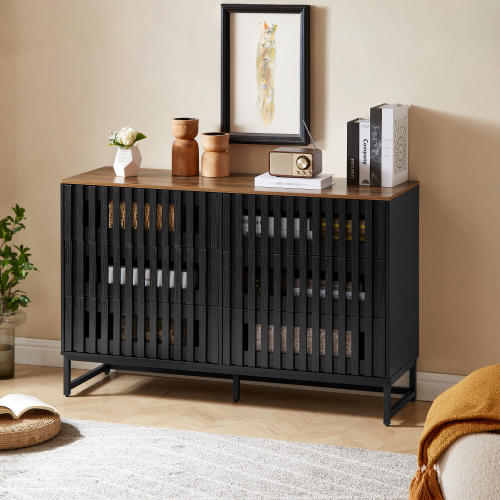 6 Drawer Double Dresser with Slatted Grille Striped Drawer, Modern Style Dresser, High-Quality MDF and Metal Leg - Black+Brown - Not Specified - Not Specified