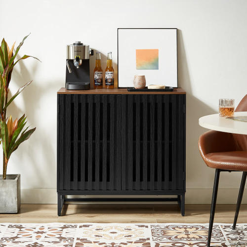 Cabinet with Slatted Grille Striped Door, Modern Style Cabinet, High-Quality MDF and Metal Leg - Black+Brown - Not Specified - Not Specified