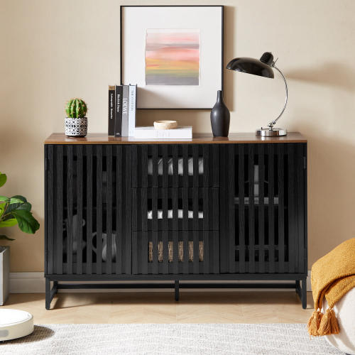 3 Drawer and 4 Shelves Dresser with Slatted Grille Striped Drawer and doors, Modern Style Dresser, High-Quality MDF and Metal Leg - Black+Brown - Not Specified - Not Specified