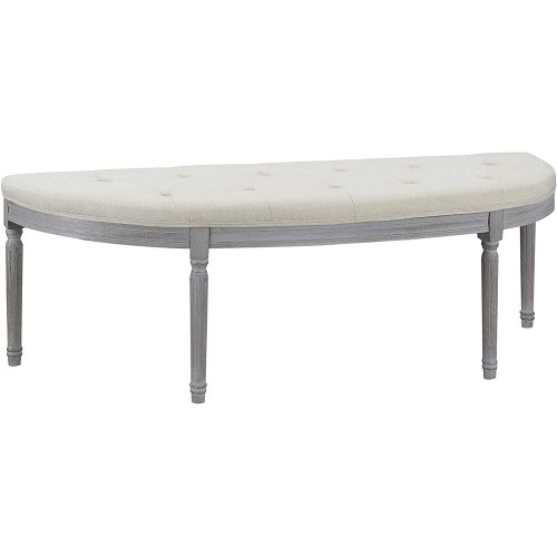 Coastal Button Tufted Light Beige Upholstered Bench with Weathered Gray Legs - Wood - American Design - Primary Living Space