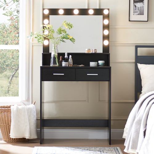 Vanity Desk with Mirror and Lights, Dressing Table with Large Drawer, 2 Level Storage Dresser & 3 Lighting Modes Adjustable Brightness, Suitable for Bedroom(Black) - Particle Board - 3-Light