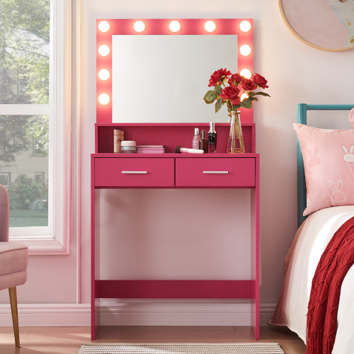 Vanity Desk with Mirror and Lights, Dressing Table with Large Drawer, 2 Level Storage Dresser & 3 Lighting Modes Adjustable Brightness, Suitable for Bedroom(Rose Pink) - Particle Board - 3-Light