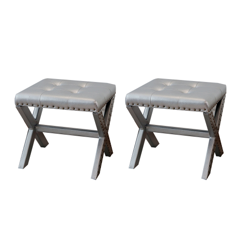 Accent Stool, Tufted Linen Upholstered Chair, X-Base Wood Seat with Nailhead Trim, 17"D x 19"W x 17"H, 300 lbs Capacity - Silver - Polyester,Solid Wood