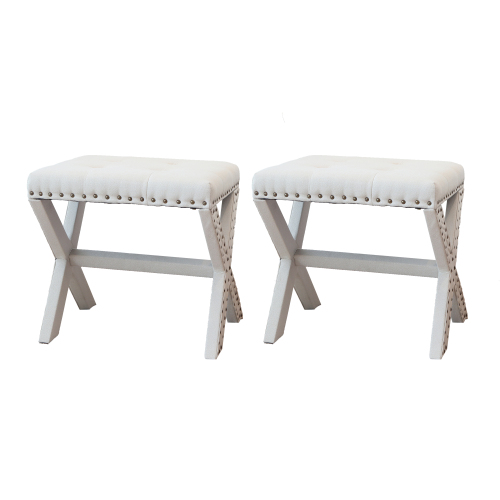 Accent Stool, Tufted Linen Upholstered Chair, X-Base Wood Seat with Nailhead Trim, 17"D x 19"W x 17"H, 300 lbs Capacity - White - Polyester,Solid Wood