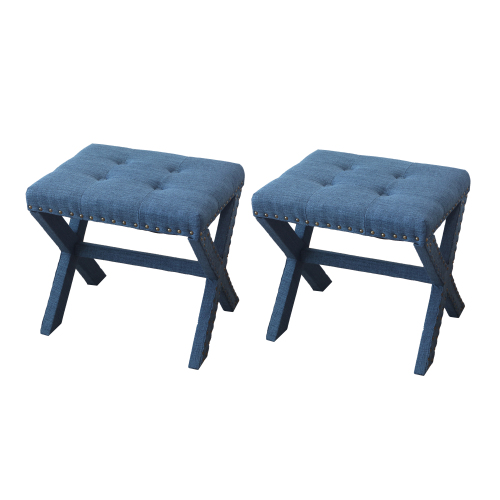 Accent Stool, Tufted Linen Upholstered Chair, X-Base Wood Seat with Nailhead Trim, 17"D x 19"W x 17"H, 300 lbs Capacity - Blue - Polyester,Solid Wood