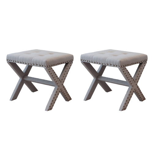 Accent Stool, Tufted Linen Upholstered Chair, X-Base Wood Seat with Nailhead Trim, 17"D x 19"W x 17"H, 300 lbs Capacity - Light Gray - Polyester,Solid Wood