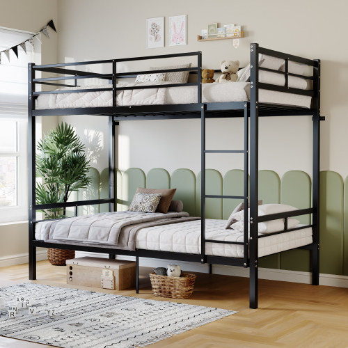 Metal bunk bed (single bed), suitable for children/teenagers/adults. 14.17-inch high guardrails. Single bunk with 19 crossbars and a weight capacity of over 400 lbs. Under-bed storage. Black. - Modern - Bathroom - Twin - Box Spring Not Required