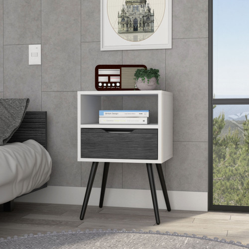 Otom Nightstand , Superior Top, One Open Shelf, One Drawer, Four Legs -Smokey Oak / White - Multicolor - Particle Board - Particle Board - Modern - 1 Drawer - Rectangle - Bedroom