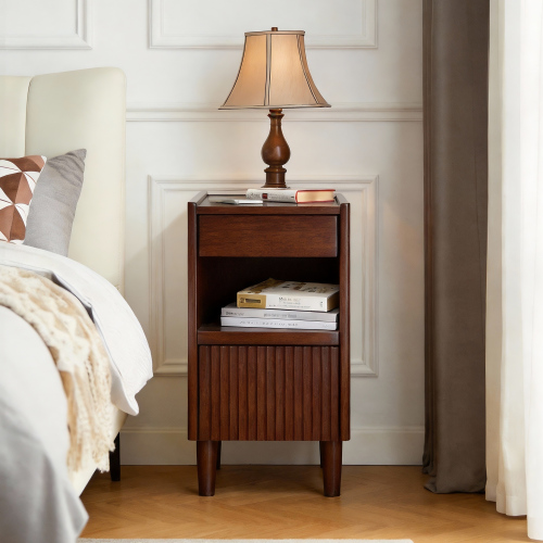 Wooden Bedside Table with 1 Drawer Open Shelves, Wood Board Side Tables Storage Small Narrow Desk Chest of Drawer, Lamp Stand Nightstand Cabinet, Bedroom Living Room Home Furniture - Walnut - Solid Wood - Rubberwood - Classic - Glass Top - Bedside Cabinet - Walnut - Rubberwood - Brown