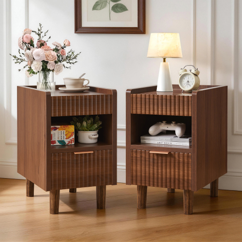 Walnut Brown Fluted Wood Nightstands with Drawer and Open Storage, 2 Pack Modern Bedroom Bedside Side End Tables for Living Room Home Decor - MDF - MDF - American Design - 2 Drawers - Easy Assembly - Bedside Cabinet - White - Nature