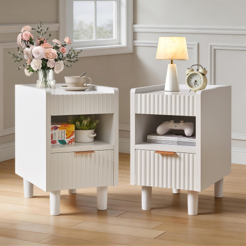 White Fluted Wood Nightstands with Drawer and Open Storage, 2 Pack Modern Bedroom Bedside Side End Tables for Living Room Home Decor - MDF - MDF - Not Specified - 2 Drawers - Easy Assembly - Bedside Cabinet - Nature