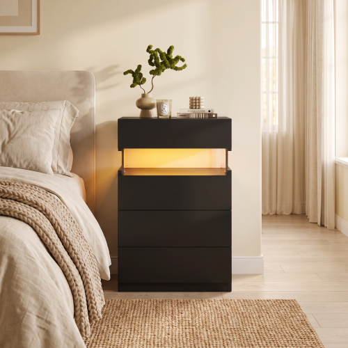 Nightstand with LED Lights, Adjustable Light Colors, Bedside Table, Side Table with 4 Drawers, Modern Style,Black - Particle Board - Bedside Cabinet - Bedroom