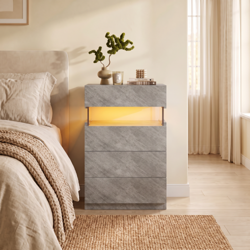 Nightstand with LED Lights, Adjustable Light Colors, Bedside Table, Side Table with 4 Drawers, Modern Style,Grey - Particle Board - Bedside Cabinet - Bedroom