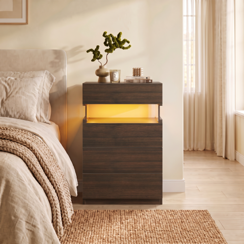 Nightstand with LED Lights, Bedside Table, Side Table with 4 Drawers, Modern Style,Walnut - Particle Board - Classic,Modern - Bedside Cabinet - Bedroom