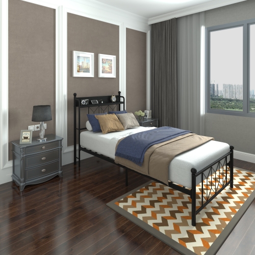 Twin Bed Frames , Headboard and Charging Station & LED Light for Bedroom, Solid and Stable, Noise Free, No Box Spring Needed, Easy Assembly - Black - MDF+Metal