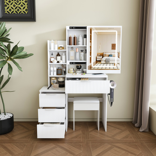 Modern Vanity Desk ,featuring 3 modes of LED lighting with adjustable brightness , with 4 drawers and multiple open storage shelves, with a hair dryer holder and power socket, a dressing chair.white - MDF - Not Specified