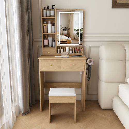 Modern small Vanity Desk ,featuring 3 modes of LED lighting with adjustable brightness, 3 drawers and multiple open storage shelves, a hair dryer holder and power socket, and a dressing chair. - Natural Walnut - MDF - Not Specified - Not Specified