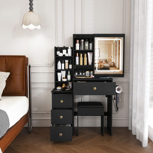 Modern Vanity Desk ,featuring 3 modes of LED lighting with adjustable brightness , with 4 drawers and multiple open storage shelves, with a hair dryer holder and power socket, a dressing chair. Black - MDF - Bedroom